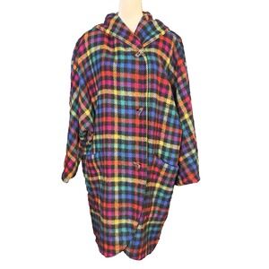 Bogner Vintage 80s Rainbow Plaid Checkered Wool Overcoat Coat Jacket Germany